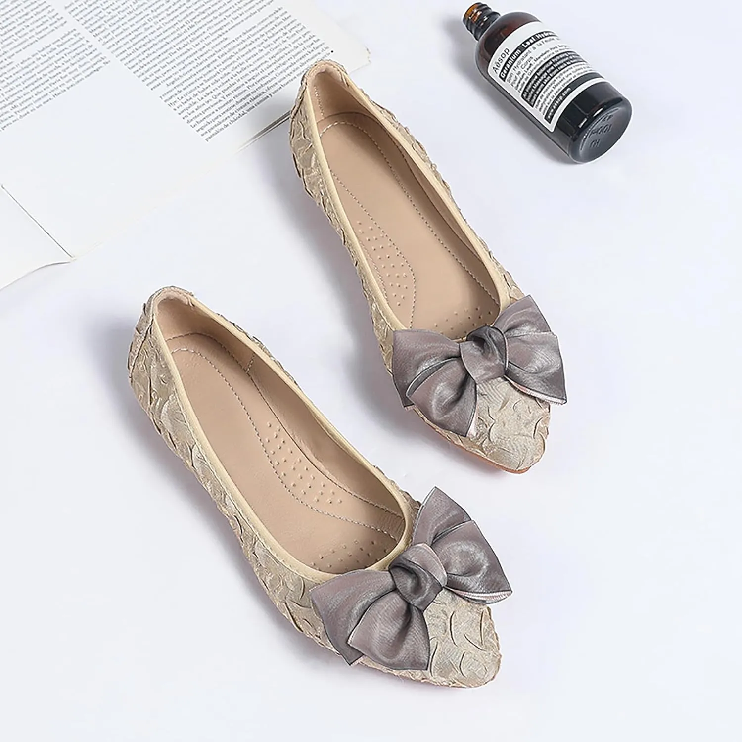 Women's Flats, Foldable Ballet Flats for Women, Fashion Bow Tie Pionted Toe Comfort Lightweight Slip-On Dress Shoes