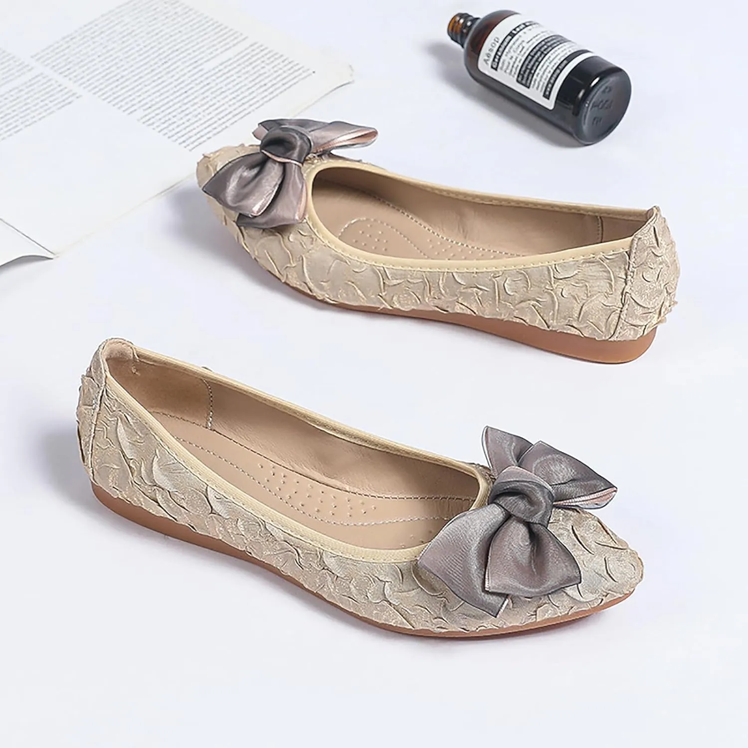 Women's Flats, Foldable Ballet Flats for Women, Fashion Bow Tie Pionted Toe Comfort Lightweight Slip-On Dress Shoes