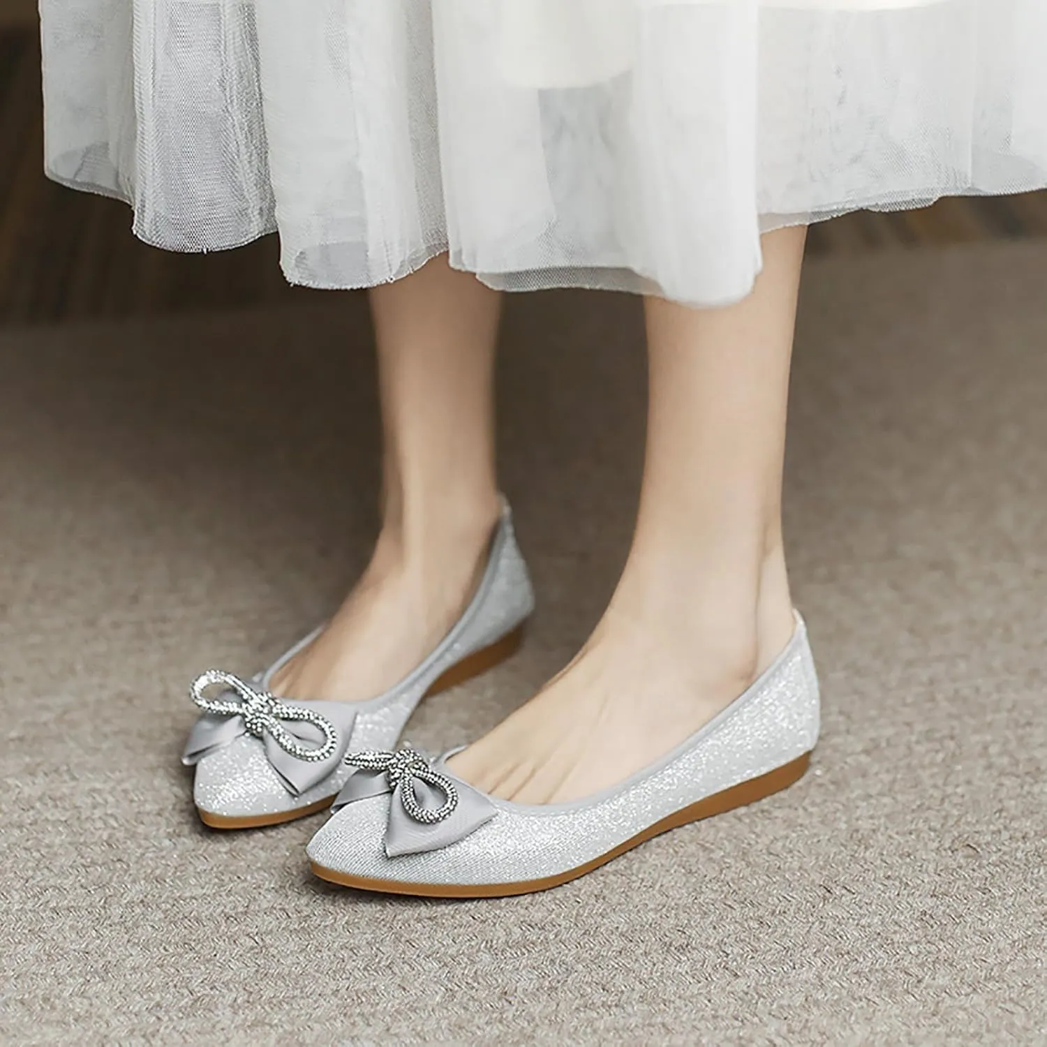 Women's Flats, Foldable Ballet Flats for Women, Fashion Bow Tie Pionted Toe Comfort Lightweight Slip-On Dress Shoes