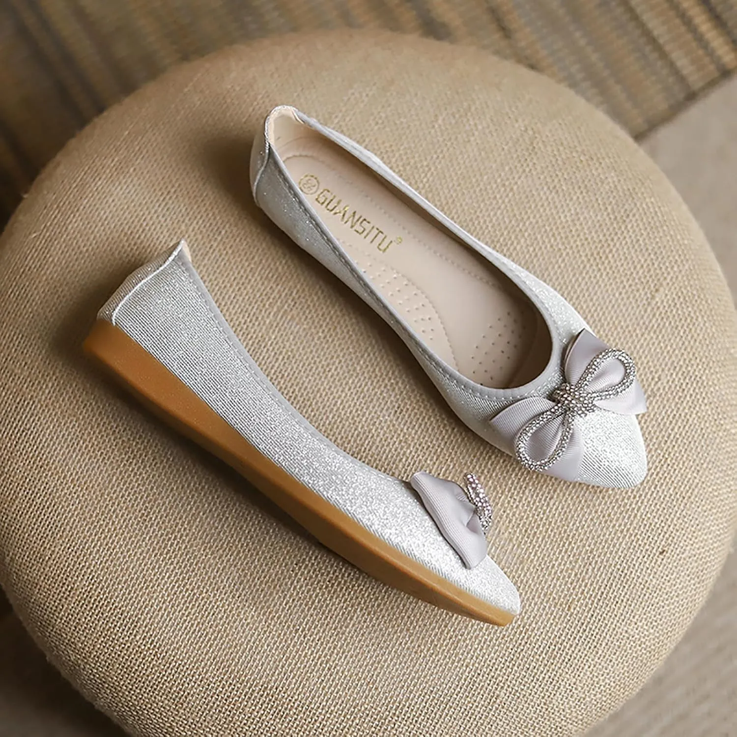 Women's Flats, Foldable Ballet Flats for Women, Fashion Bow Tie Pionted Toe Comfort Lightweight Slip-On Dress Shoes