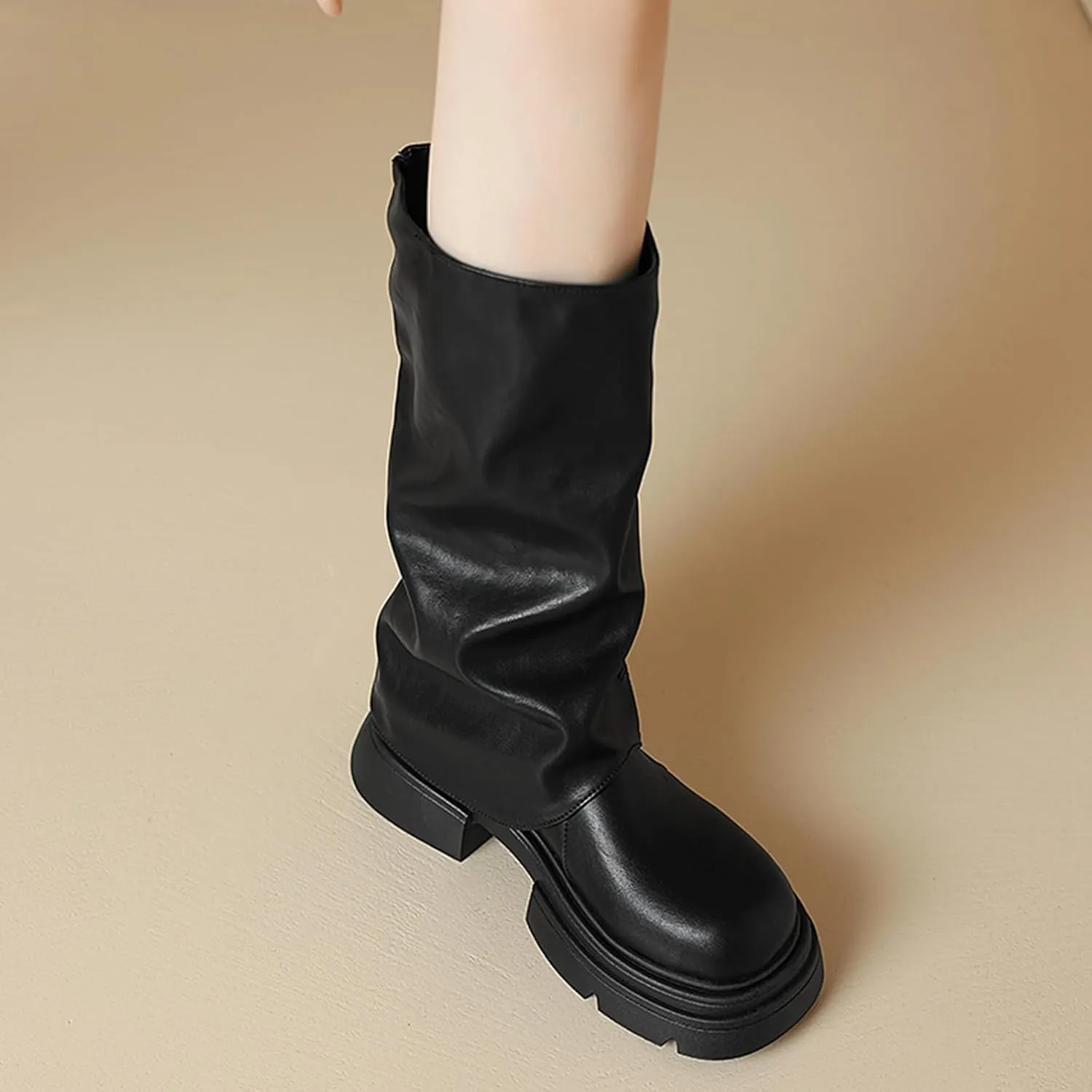 Women's Goth Platform Riding Boots Pull On Buckle Boots Fold Knee High Boots Chunky Block Heel Gothic Moto Boots