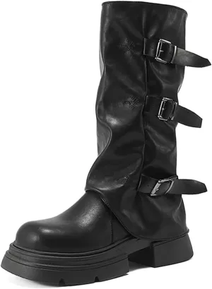 Women's Goth Platform Riding Boots Pull On Buckle Boots Fold Knee High Boots Chunky Block Heel Gothic Moto Boots