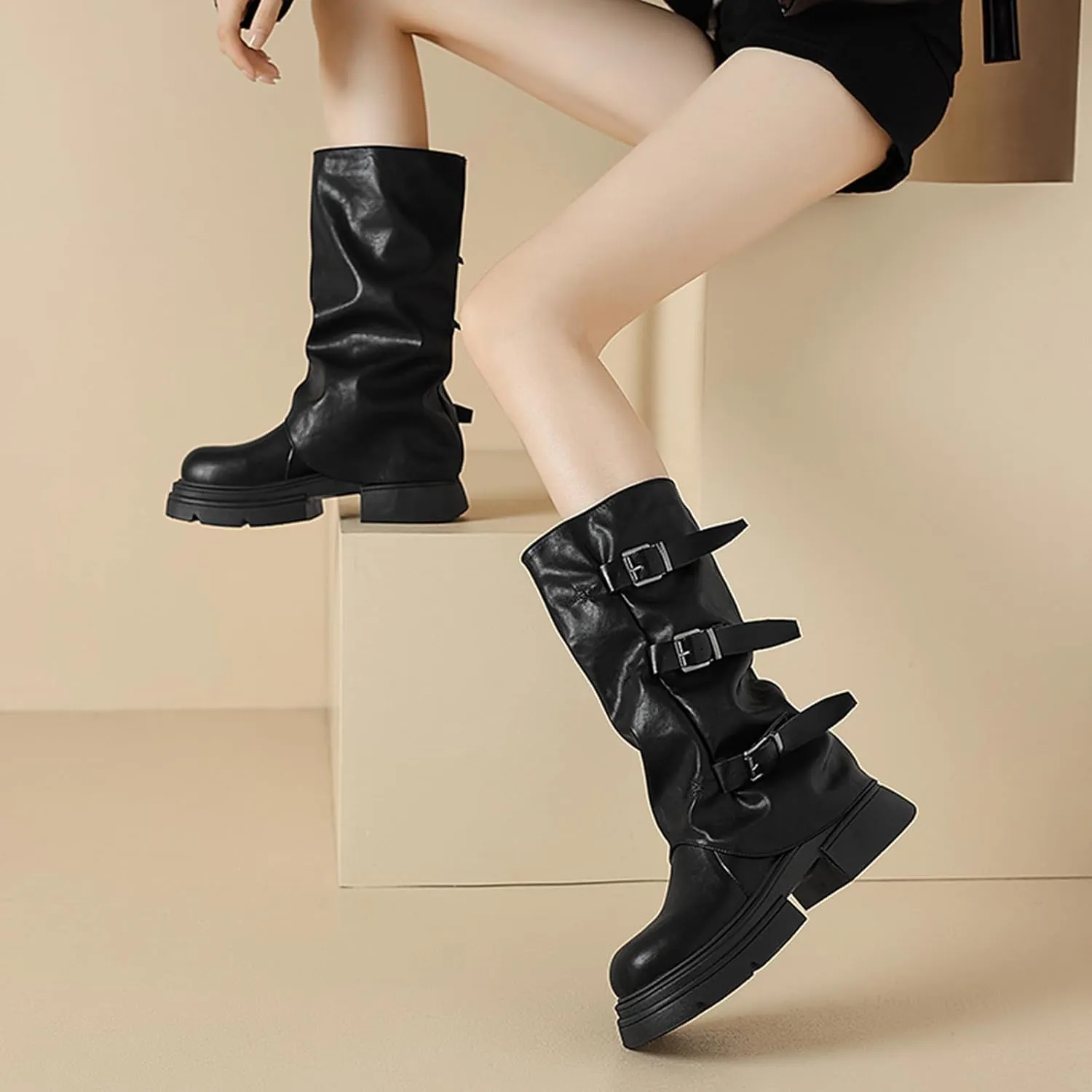 Women's Goth Platform Riding Boots Pull On Buckle Boots Fold Knee High Boots Chunky Block Heel Gothic Moto Boots