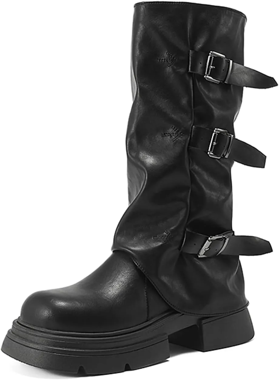 Women's Goth Platform Riding Boots Pull On Buckle Boots Fold Knee High Boots Chunky Block Heel Gothic Moto Boots
