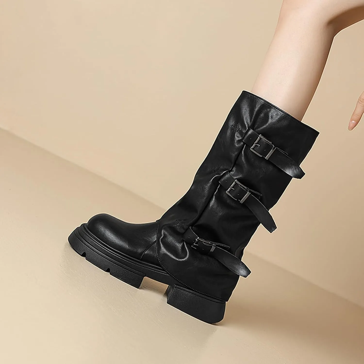 Women's Goth Platform Riding Boots Pull On Buckle Boots Fold Knee High Boots Chunky Block Heel Gothic Moto Boots