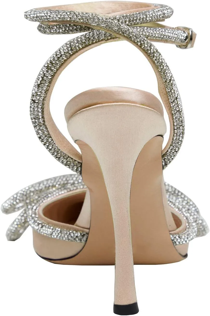 Women's Heeled Sandals Pointed Toe Crystal Heart Glitter Pumps Rhinestones Embellished Ankle Strap Slip-On Stilettos Wedding Party Dress Shoes