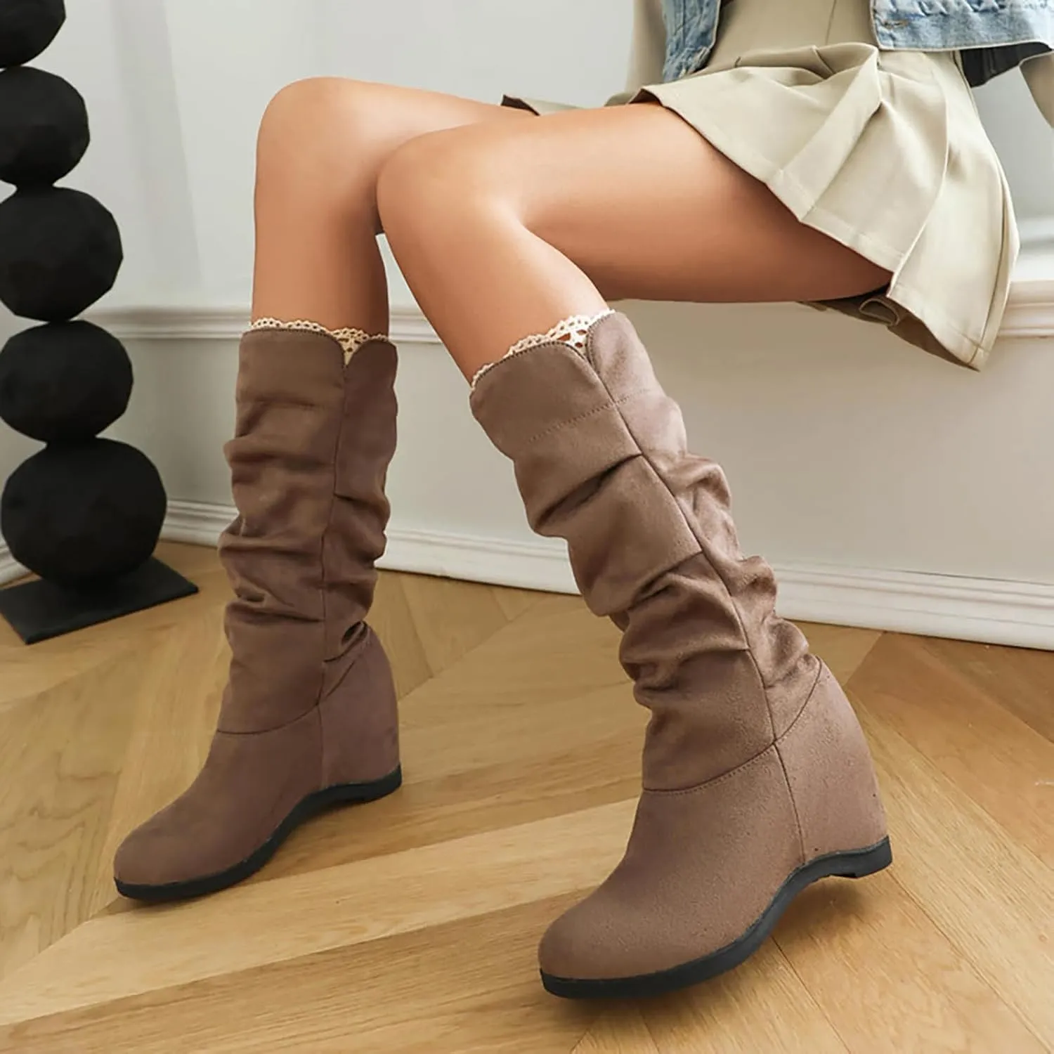 Women's Hidden Wedge Boots Slouchy Mid Calf Suede 2023 Fall Winter Boots Solid Color Heeled Boots Mid Calf Boots