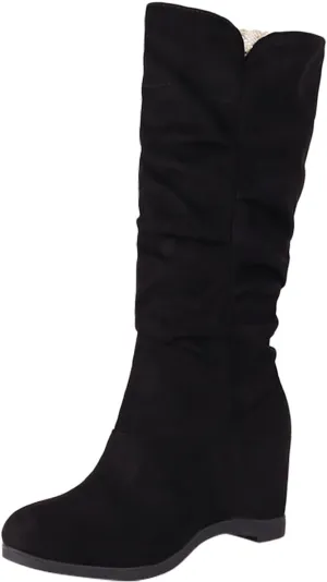 Women's Hidden Wedge Boots Slouchy Mid Calf Suede 2023 Fall Winter Boots Solid Color Heeled Boots Mid Calf Boots