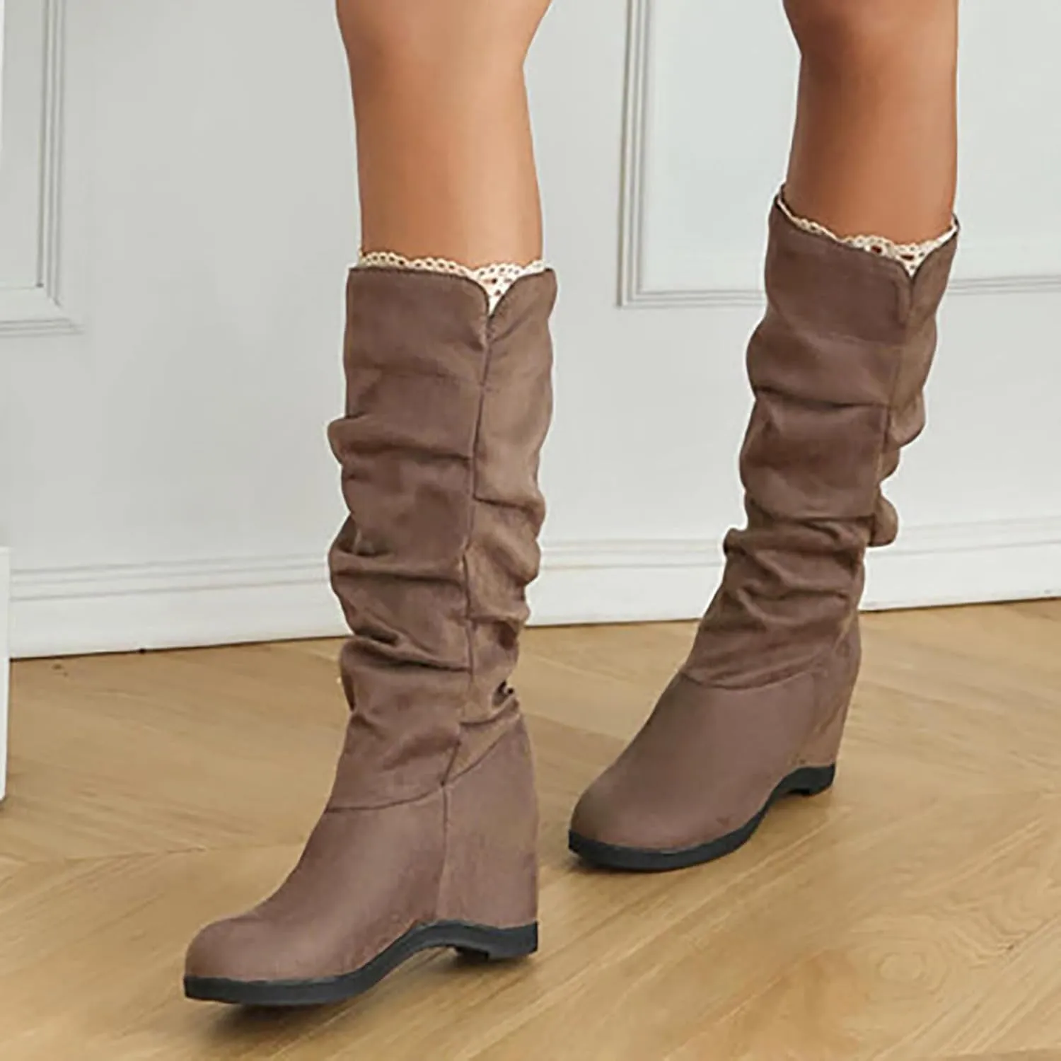 Women's Hidden Wedge Boots Slouchy Mid Calf Suede 2023 Fall Winter Boots Solid Color Heeled Boots Mid Calf Boots
