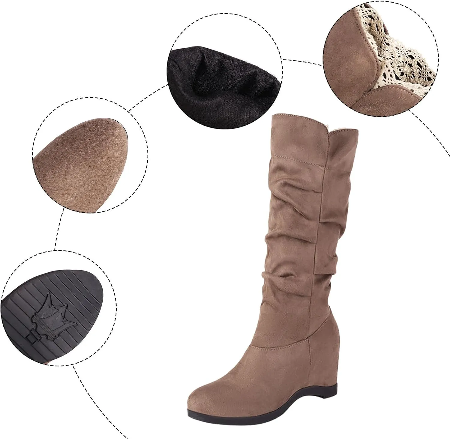 Women's Hidden Wedge Boots Slouchy Mid Calf Suede 2023 Fall Winter Boots Solid Color Heeled Boots Mid Calf Boots