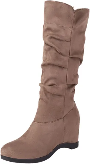 Women's Hidden Wedge Boots Slouchy Mid Calf Suede 2023 Fall Winter Boots Solid Color Heeled Boots Mid Calf Boots