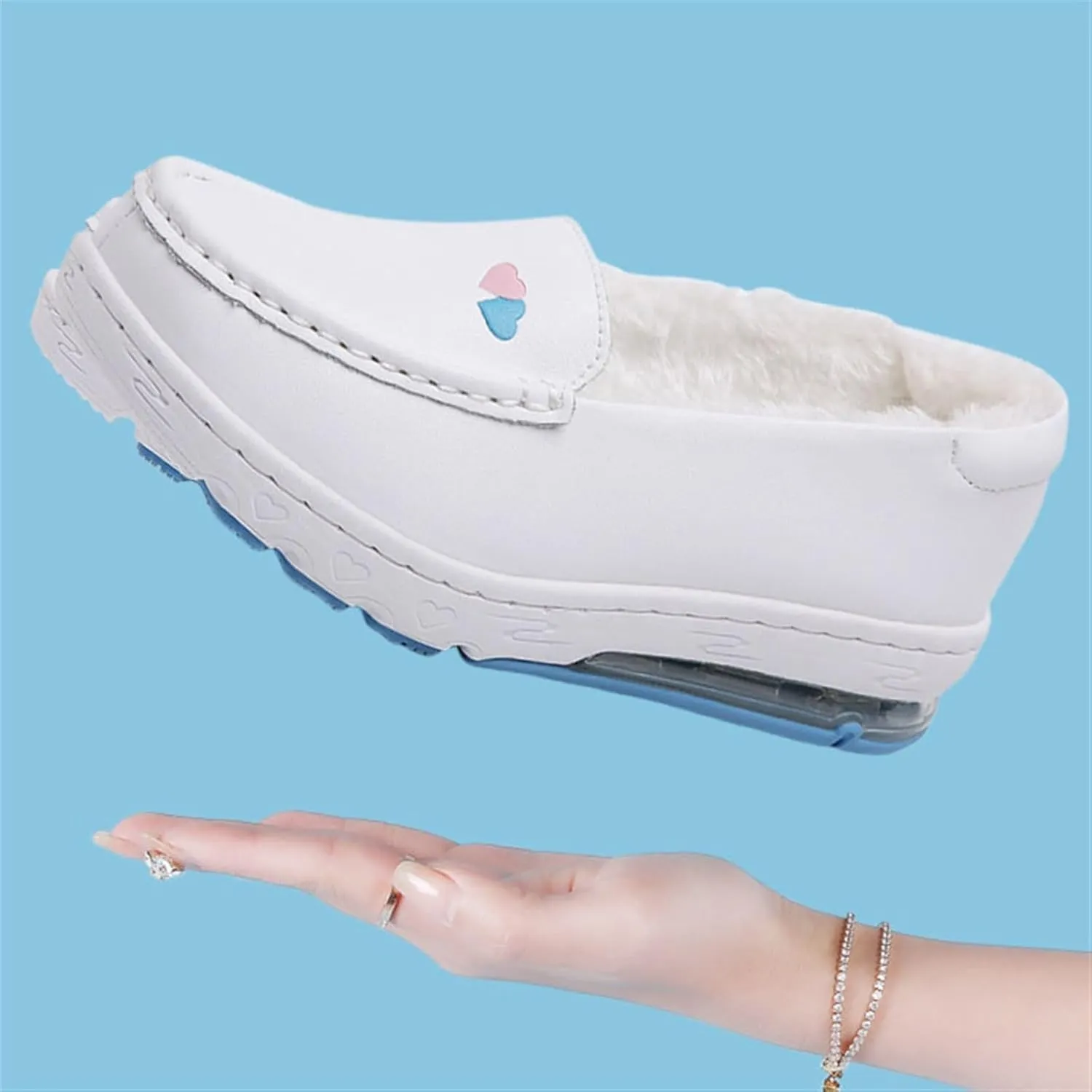 Women's Loafers and Moccasins, Women Winter Warm Comfortable Air Cushion Working Nurse Shoes, with Flat Boat Socks 2 Pairs White Orthopedic Sneakers, for Mum Hospital Work