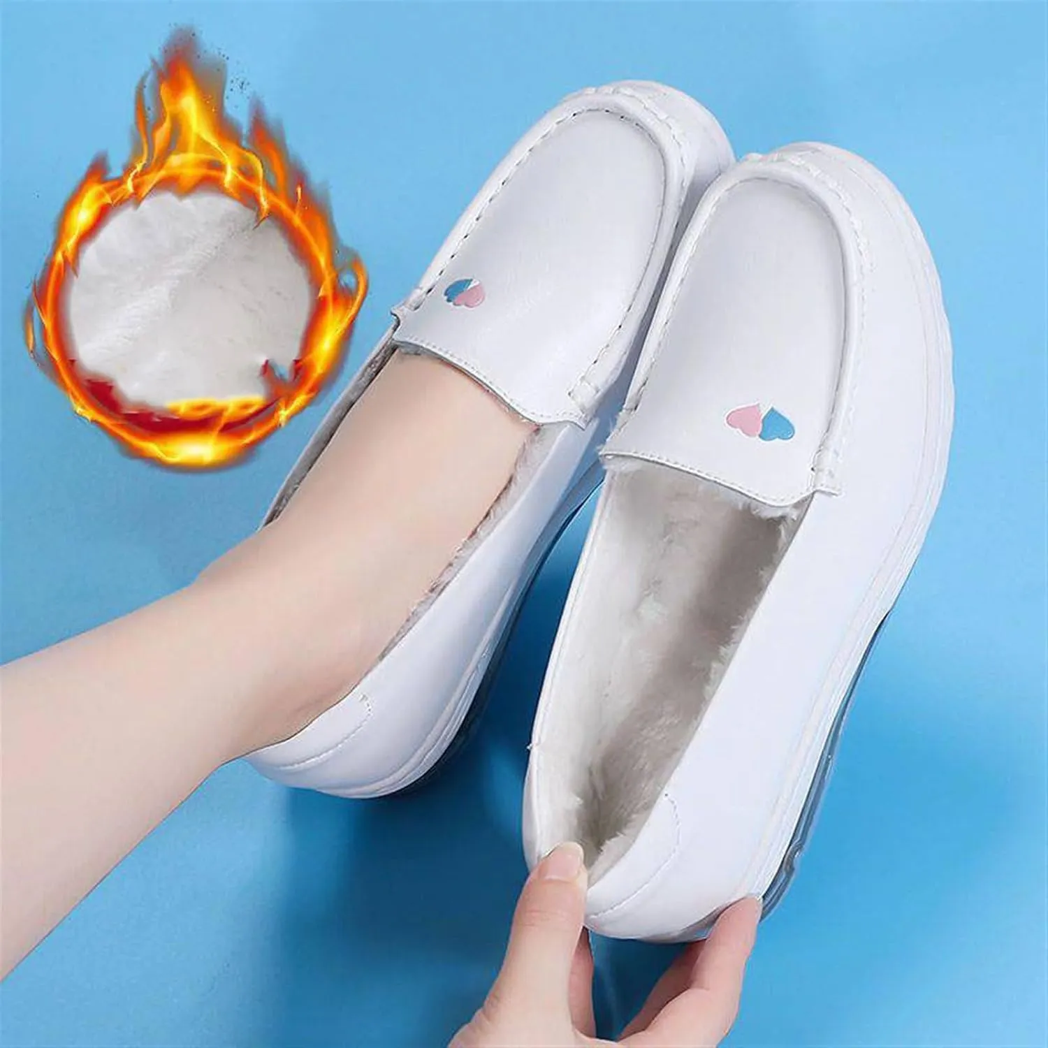 Women's Loafers and Moccasins, Women Winter Warm Comfortable Air Cushion Working Nurse Shoes, with Flat Boat Socks 2 Pairs White Orthopedic Sneakers, for Mum Hospital Work
