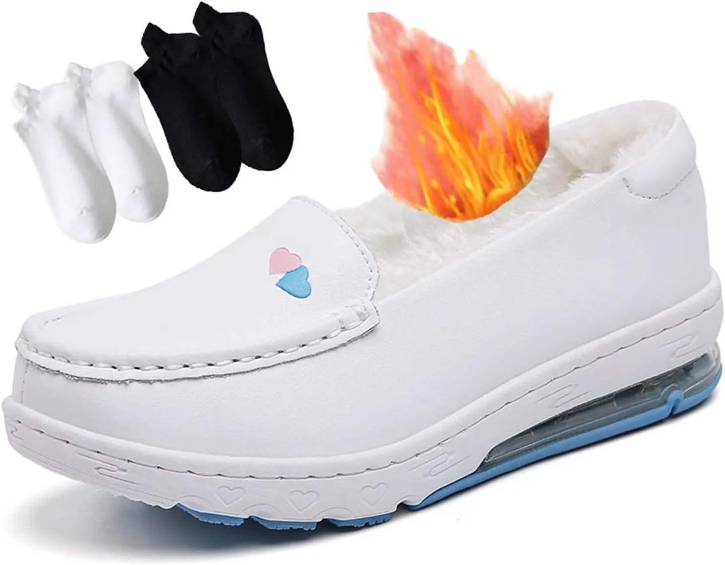 Women's Loafers and Moccasins, Women Winter Warm Comfortable Air Cushion Working Nurse Shoes, with Flat Boat Socks 2 Pairs White Orthopedic Sneakers, for Mum Hospital Work