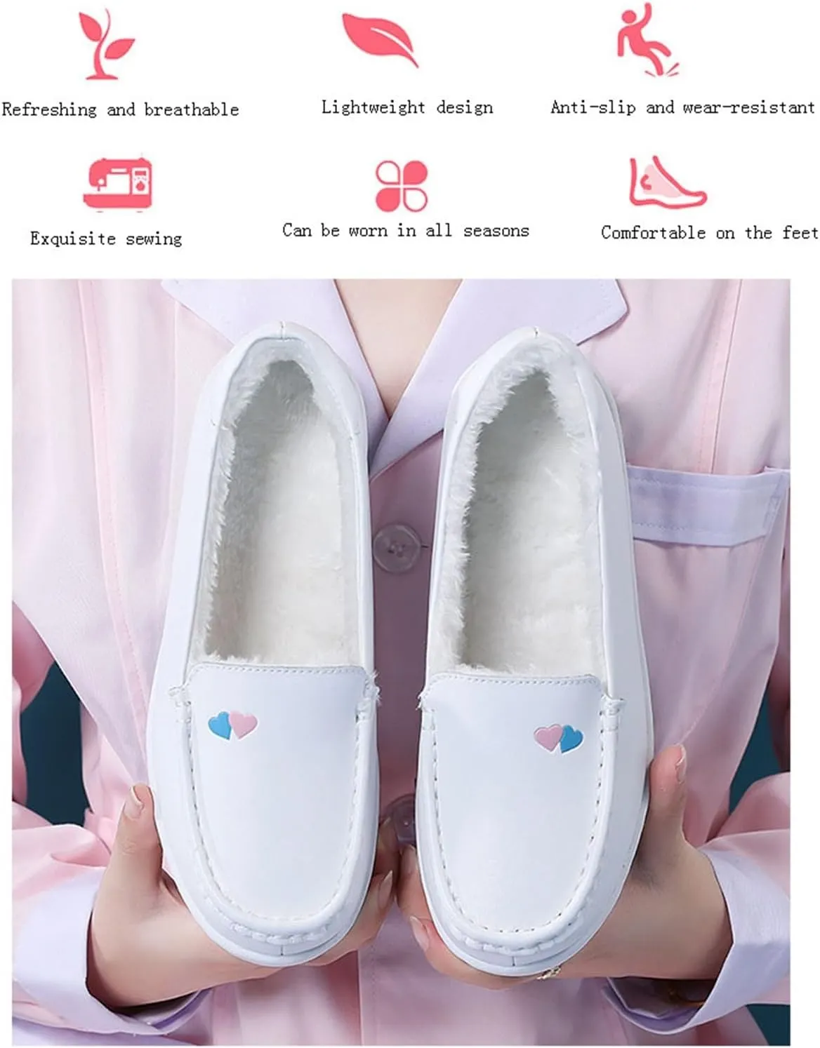 Women's Loafers and Moccasins, Women Winter Warm Comfortable Air Cushion Working Nurse Shoes, with Flat Boat Socks 2 Pairs White Orthopedic Sneakers, for Mum Hospital Work