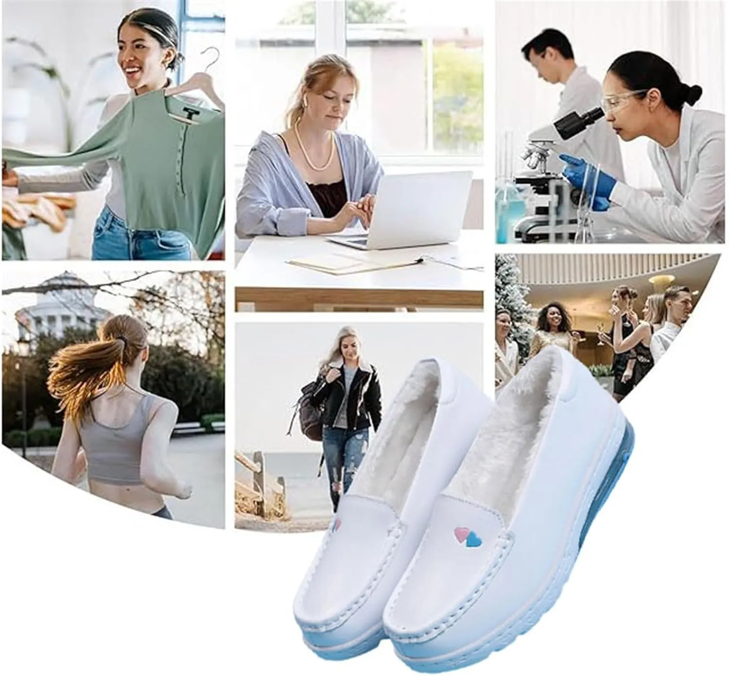 Women's Loafers and Moccasins, Women Winter Warm Comfortable Air Cushion Working Nurse Shoes, with Flat Boat Socks 2 Pairs White Orthopedic Sneakers, for Mum Hospital Work