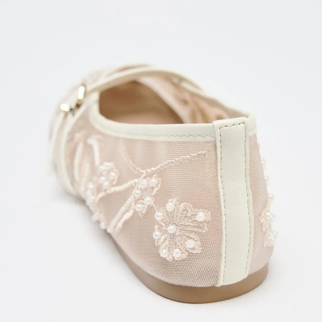 Women's Mesh Ballet Flats Embroidered Floral Mary Jane Flats Casual Comfortable Round Toe Ballerina Shoes