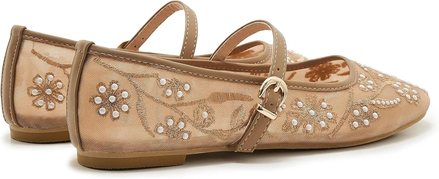 Women's Mesh Ballet Flats Embroidered Floral Mary Jane Flats Casual Comfortable Round Toe Ballerina Shoes