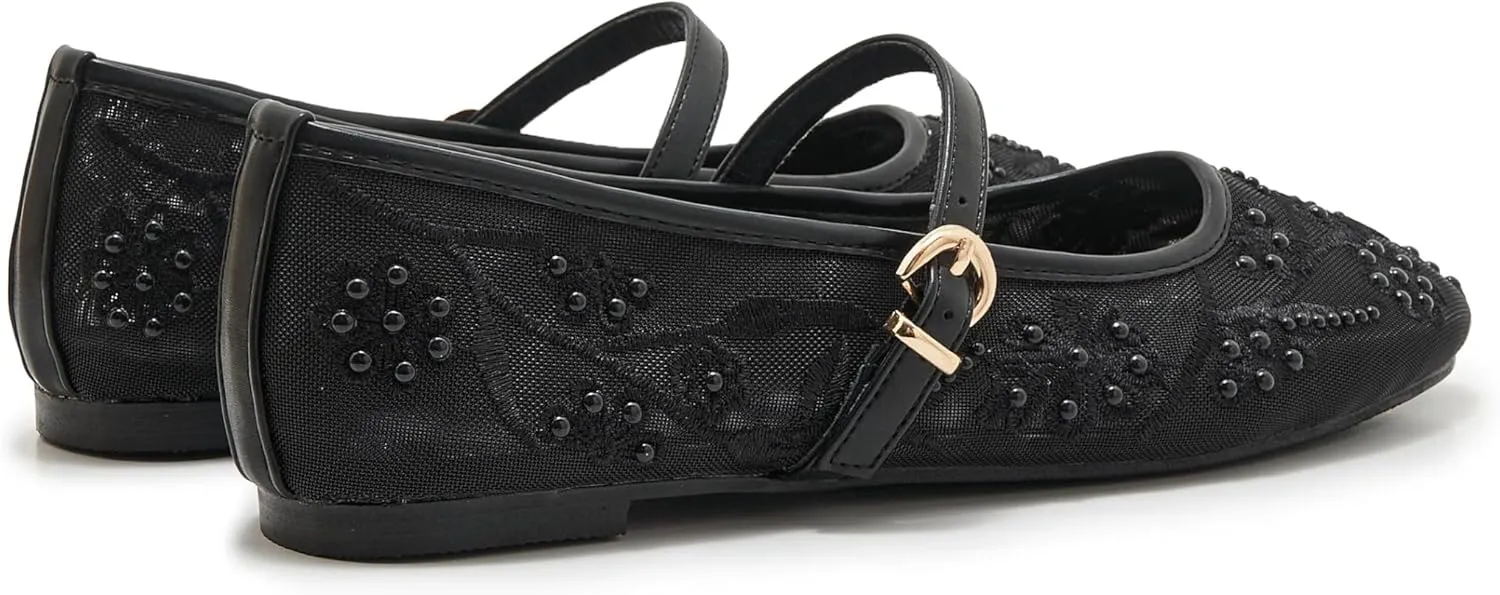 Women's Mesh Ballet Flats Embroidered Floral Mary Jane Flats Casual Comfortable Round Toe Ballerina Shoes