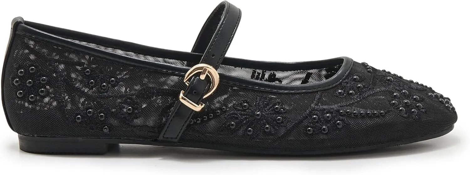 Women's Mesh Ballet Flats Embroidered Floral Mary Jane Flats Casual Comfortable Round Toe Ballerina Shoes