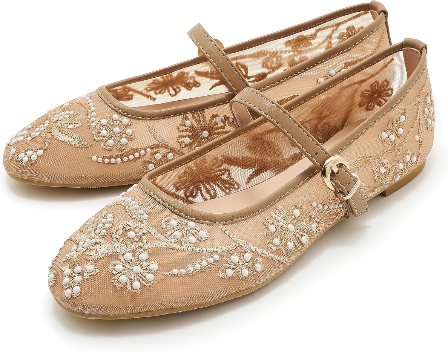 Women's Mesh Ballet Flats Embroidered Floral Mary Jane Flats Casual Comfortable Round Toe Ballerina Shoes