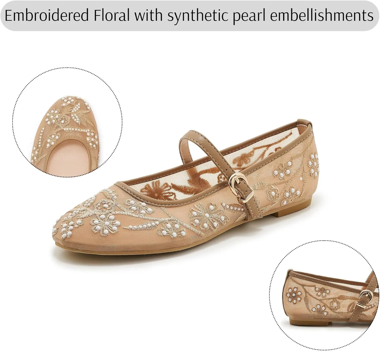 Women's Mesh Ballet Flats Embroidered Floral Mary Jane Flats Casual Comfortable Round Toe Ballerina Shoes