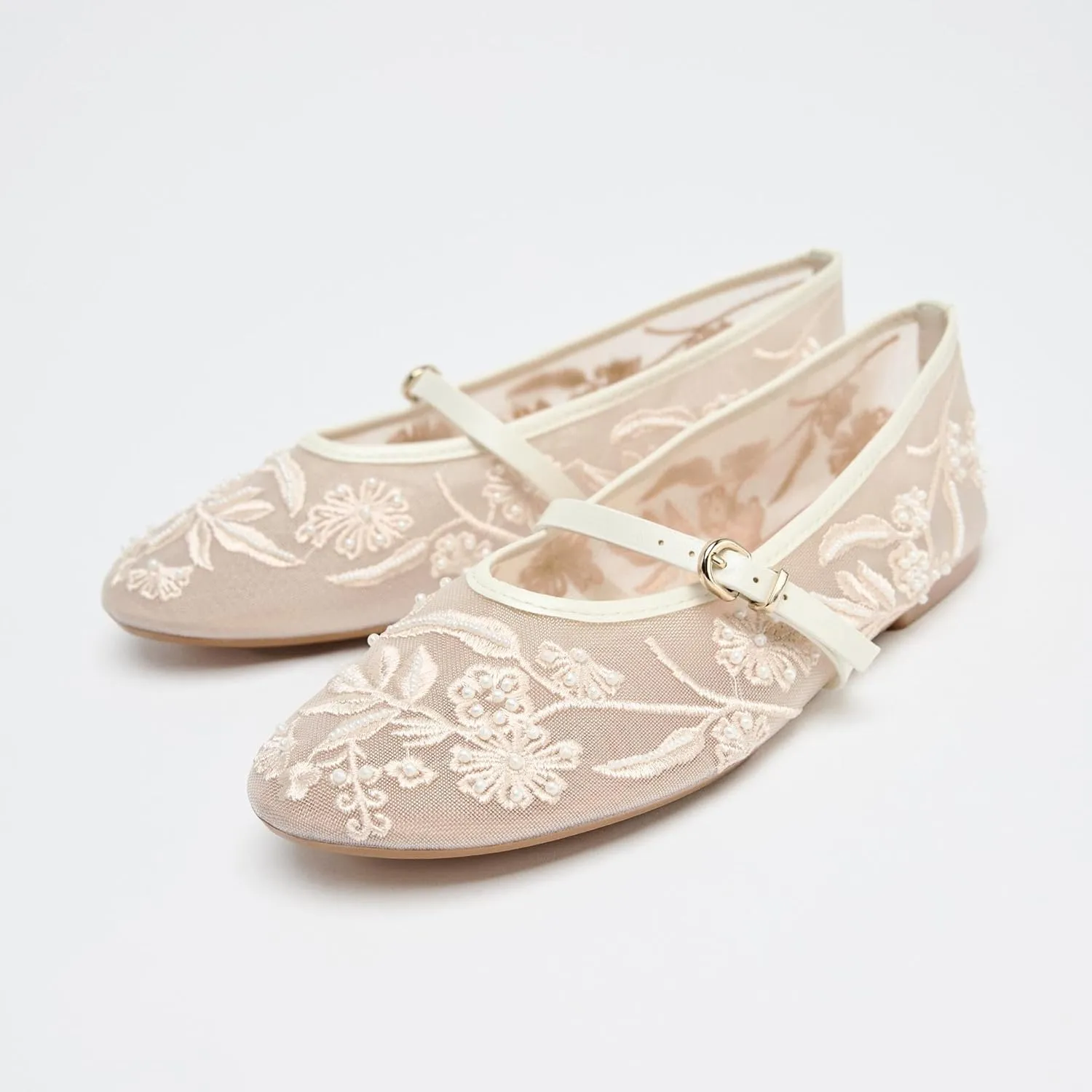 Women's Mesh Ballet Flats Embroidered Floral Mary Jane Flats Casual Comfortable Round Toe Ballerina Shoes