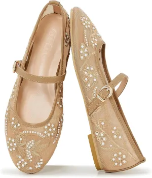 Women's Mesh Ballet Flats Embroidered Floral Mary Jane Flats Casual Comfortable Round Toe Ballerina Shoes