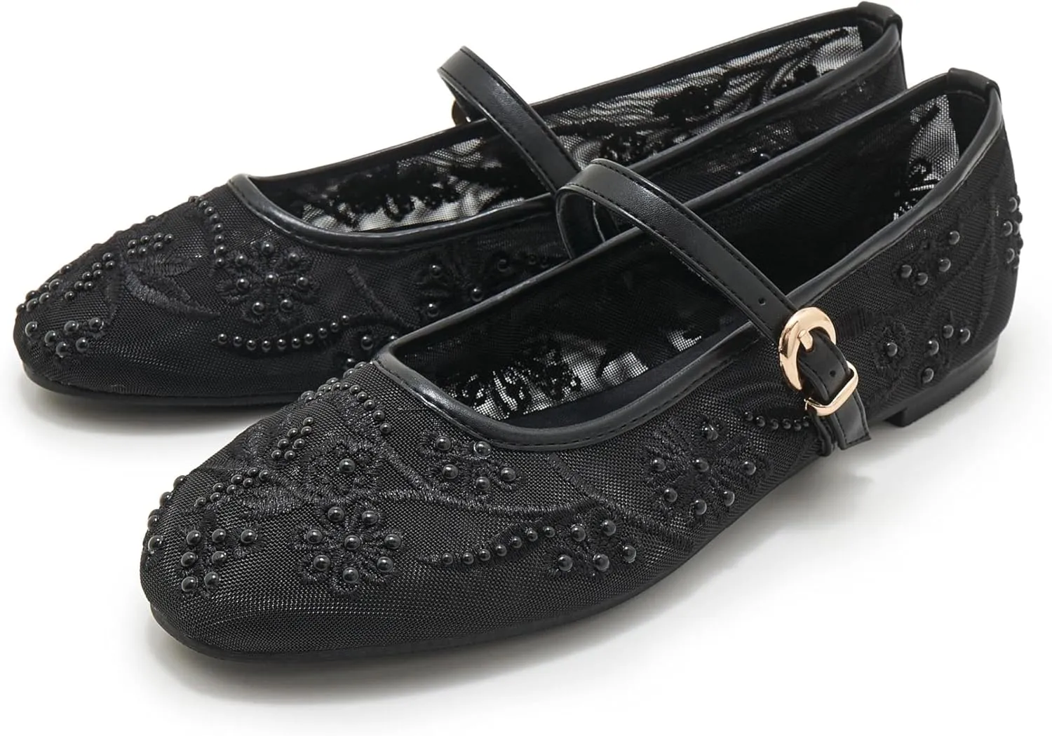 Women's Mesh Ballet Flats Embroidered Floral Mary Jane Flats Casual Comfortable Round Toe Ballerina Shoes