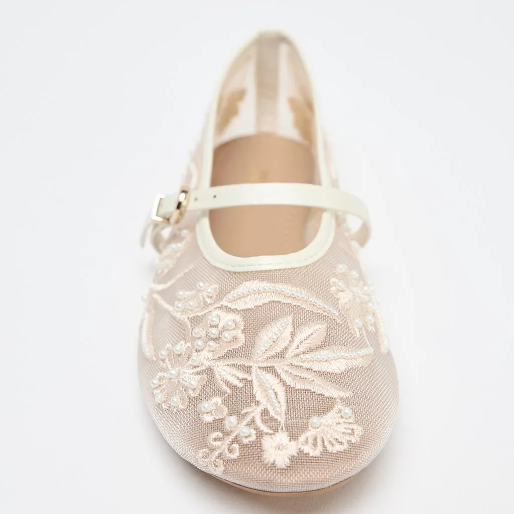 Women's Mesh Ballet Flats Embroidered Floral Mary Jane Flats Casual Comfortable Round Toe Ballerina Shoes