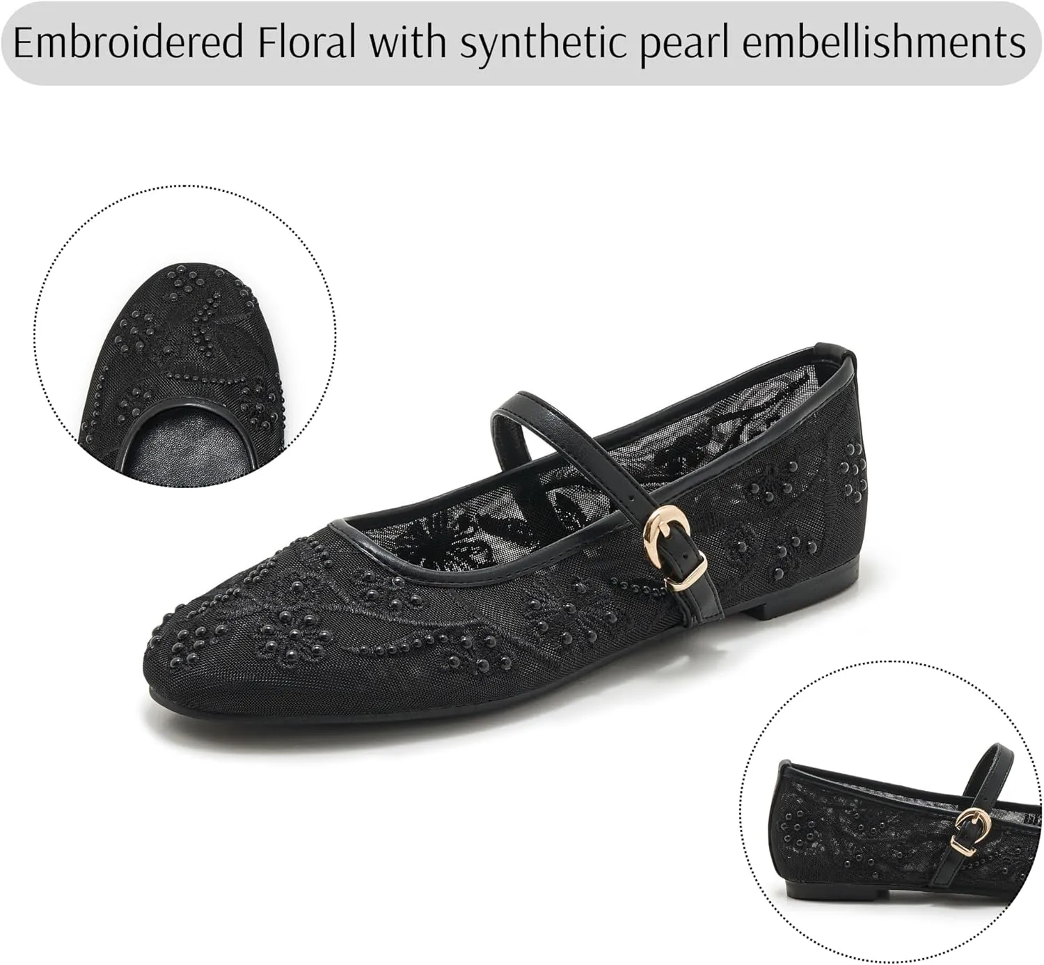 Women's Mesh Ballet Flats Embroidered Floral Mary Jane Flats Casual Comfortable Round Toe Ballerina Shoes