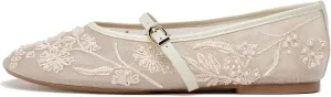 Women's Mesh Ballet Flats Embroidered Floral Mary Jane Flats Casual Comfortable Round Toe Ballerina Shoes