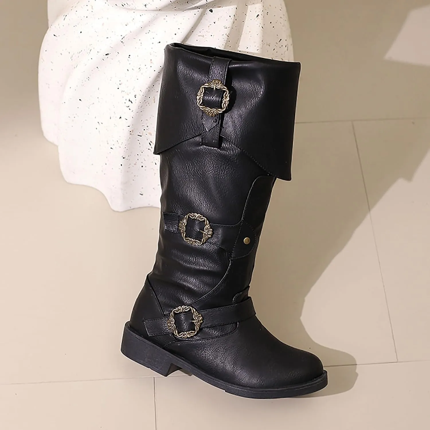 Women's Mid Calf Boots Pirate Boots Knee High Boots Comfortable Riding Boots Side Zipper Fall Boots with Buckle
