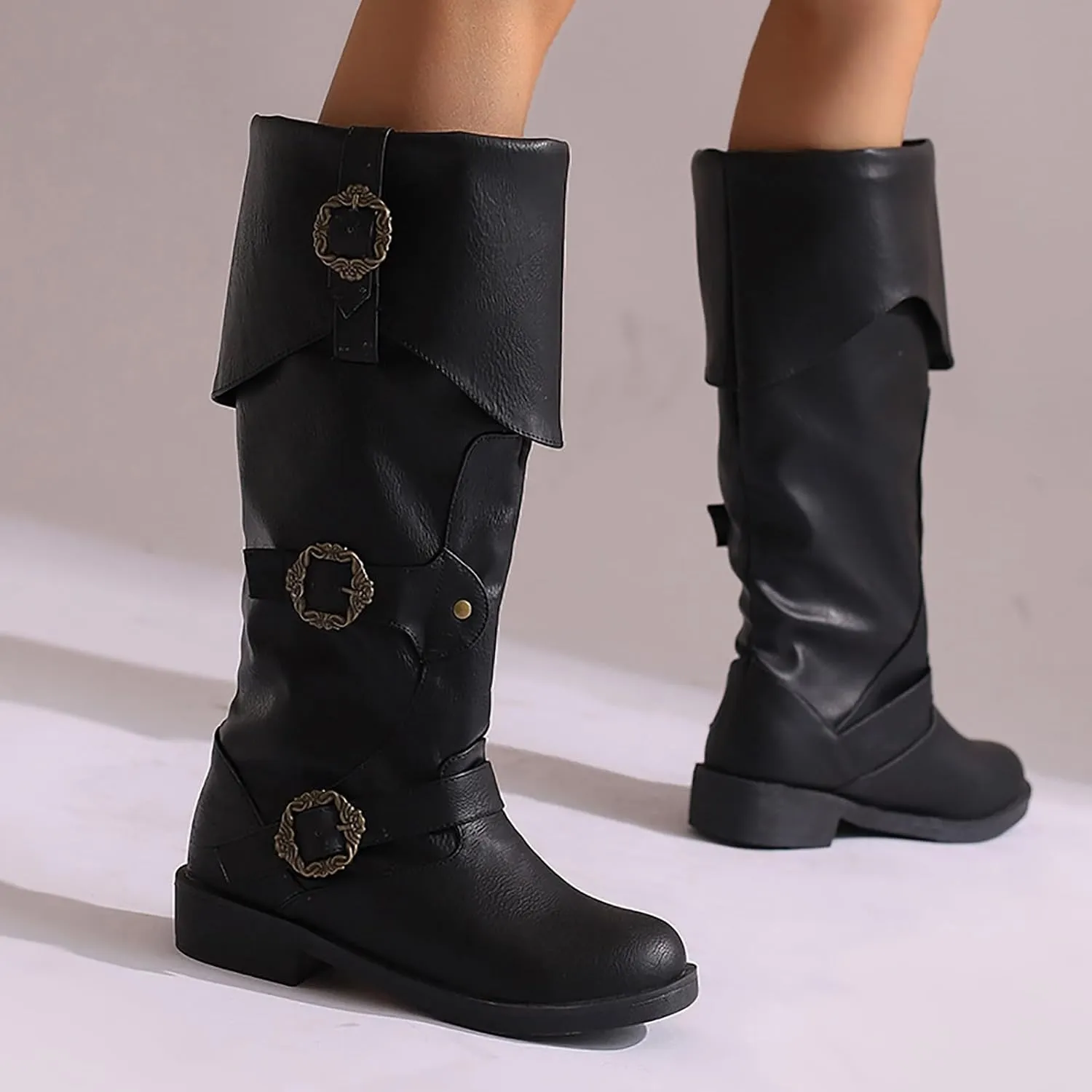 Women's Mid Calf Boots Pirate Boots Knee High Boots Comfortable Riding Boots Side Zipper Fall Boots with Buckle