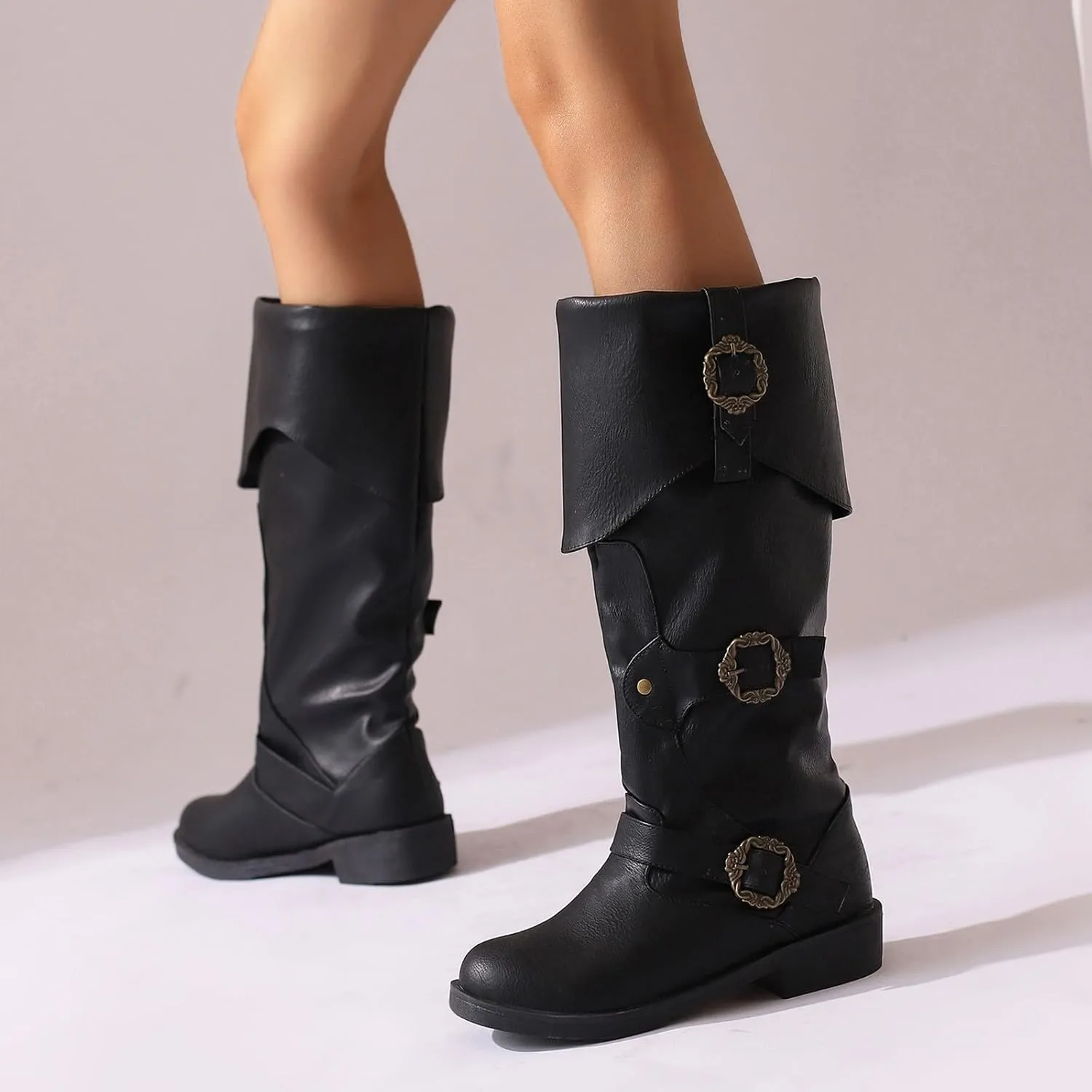 Women's Mid Calf Boots Pirate Boots Knee High Boots Comfortable Riding Boots Side Zipper Fall Boots with Buckle