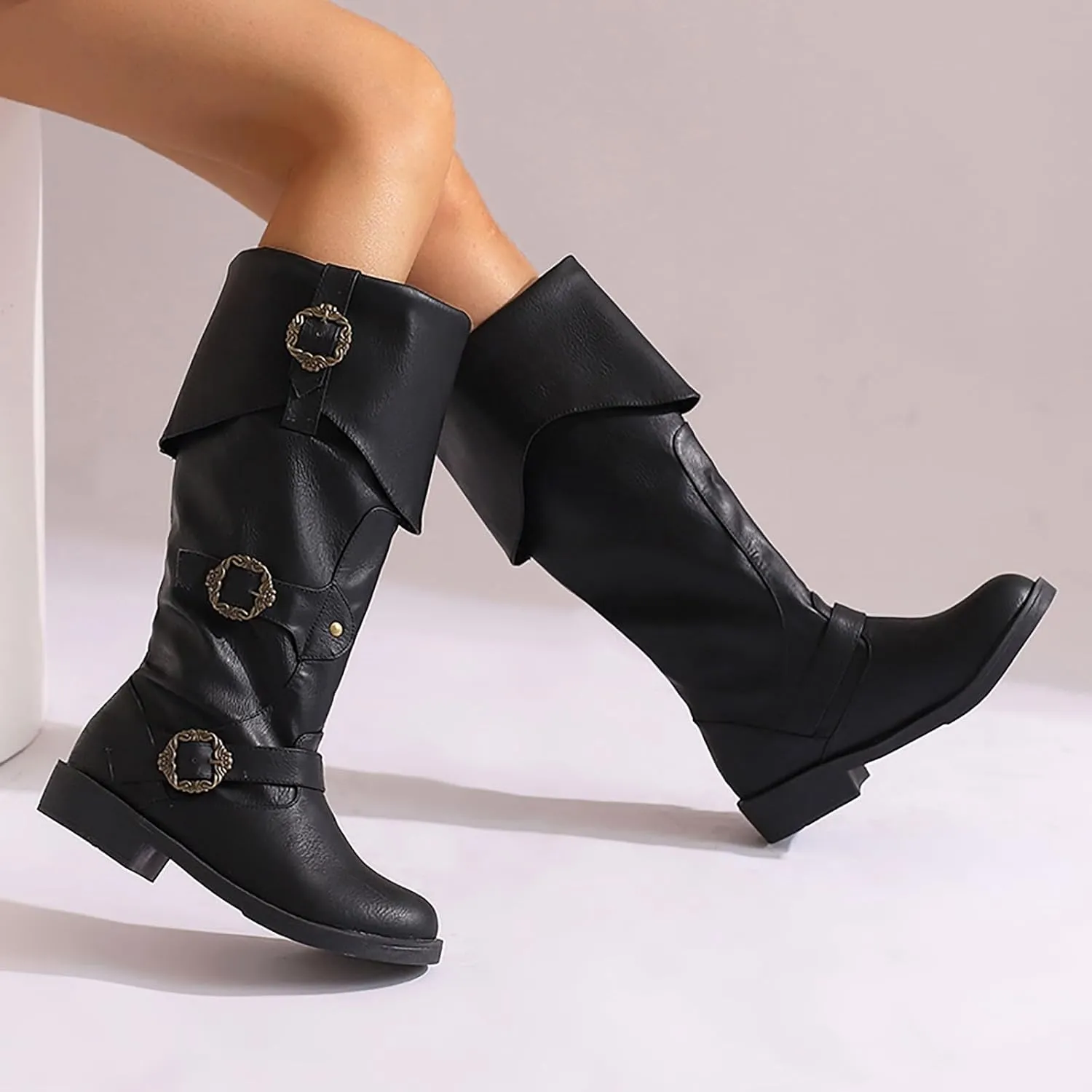 Women's Mid Calf Boots Pirate Boots Knee High Boots Comfortable Riding Boots Side Zipper Fall Boots with Buckle