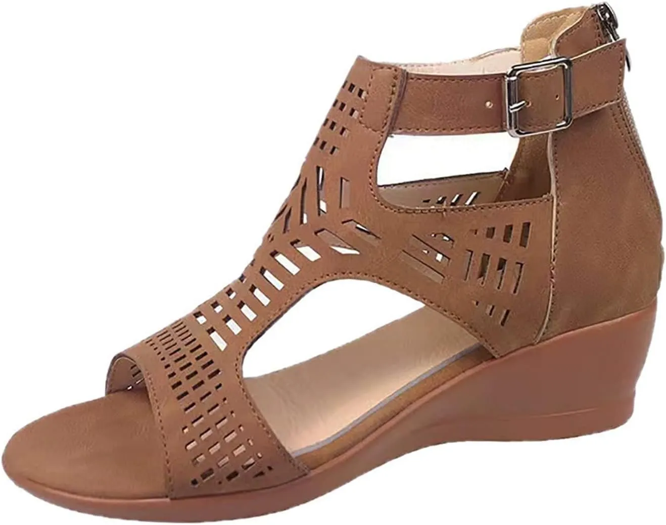 Women's Open Toe Wedge Heeled Sandals Trendy Casual Comfort Strap Cutout Zip Back Non Slip Shiny Cover Heel Dressy for Spring Summer Roman Gladiator Party Shoes