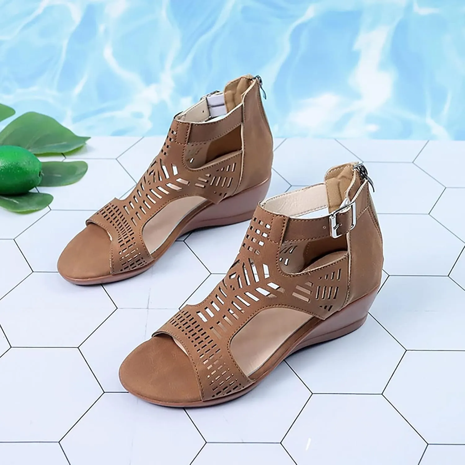 Women's Open Toe Wedge Heeled Sandals Trendy Casual Comfort Strap Cutout Zip Back Non Slip Shiny Cover Heel Dressy for Spring Summer Roman Gladiator Party Shoes
