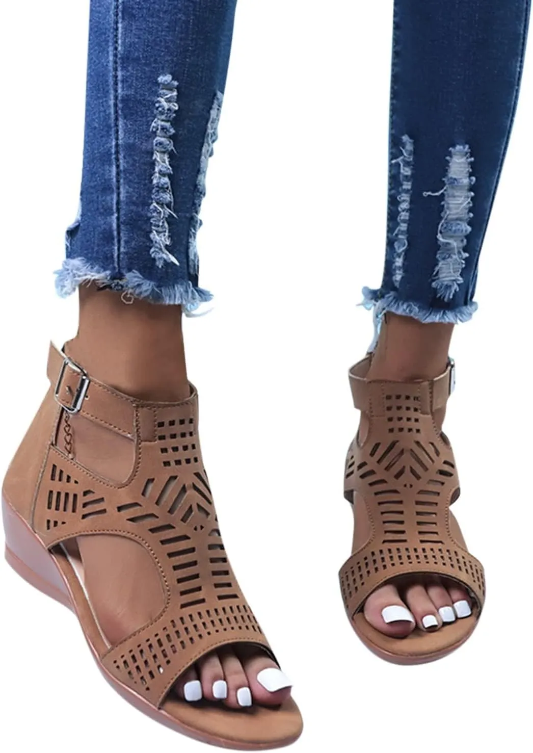 Women's Open Toe Wedge Heeled Sandals Trendy Casual Comfort Strap Cutout Zip Back Non Slip Shiny Cover Heel Dressy for Spring Summer Roman Gladiator Party Shoes