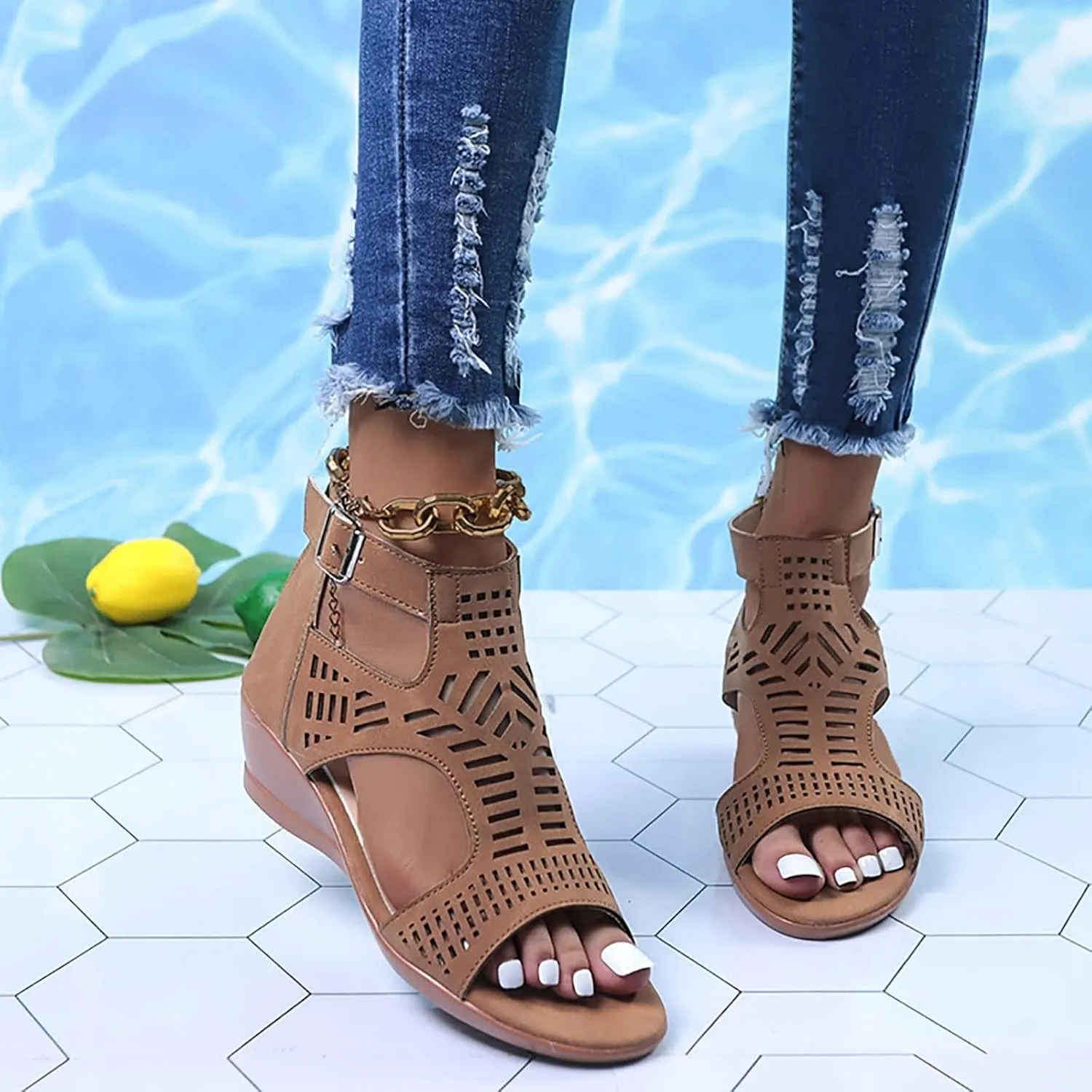 Women's Open Toe Wedge Heeled Sandals Trendy Casual Comfort Strap Cutout Zip Back Non Slip Shiny Cover Heel Dressy for Spring Summer Roman Gladiator Party Shoes