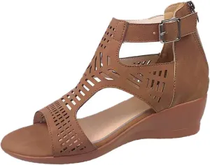 Women's Open Toe Wedge Heeled Sandals Trendy Casual Comfort Strap Cutout Zip Back Non Slip Shiny Cover Heel Dressy for Spring Summer Roman Gladiator Party Shoes
