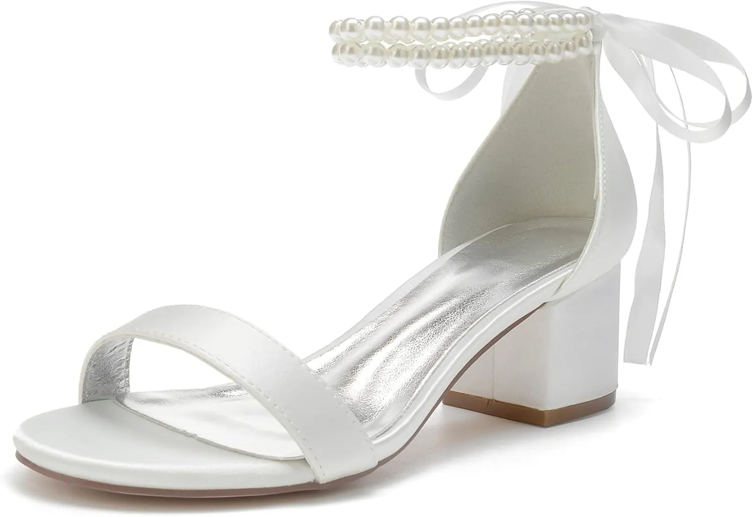 Women's Pearl Wedding Shoes for Bride - Low Block Heels Satin Bridal Prom Party Shoes 702-27