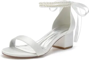 Women's Pearl Wedding Shoes for Bride - Low Block Heels Satin Bridal Prom Party Shoes 702-27