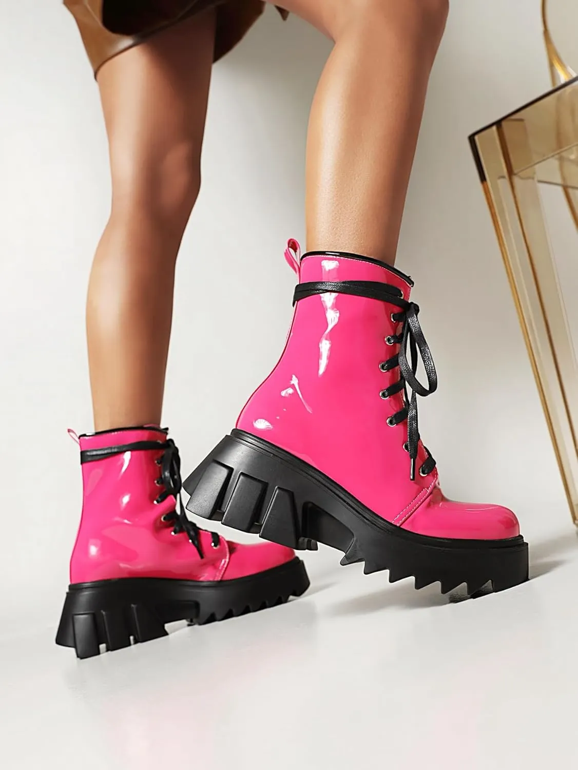 Women's Platform Combat Booties Lace Up Motorcycle Boots Chunky Block High Heel Ankle Boots Punk Goth Lug Sole Boots Round Toe Shoes