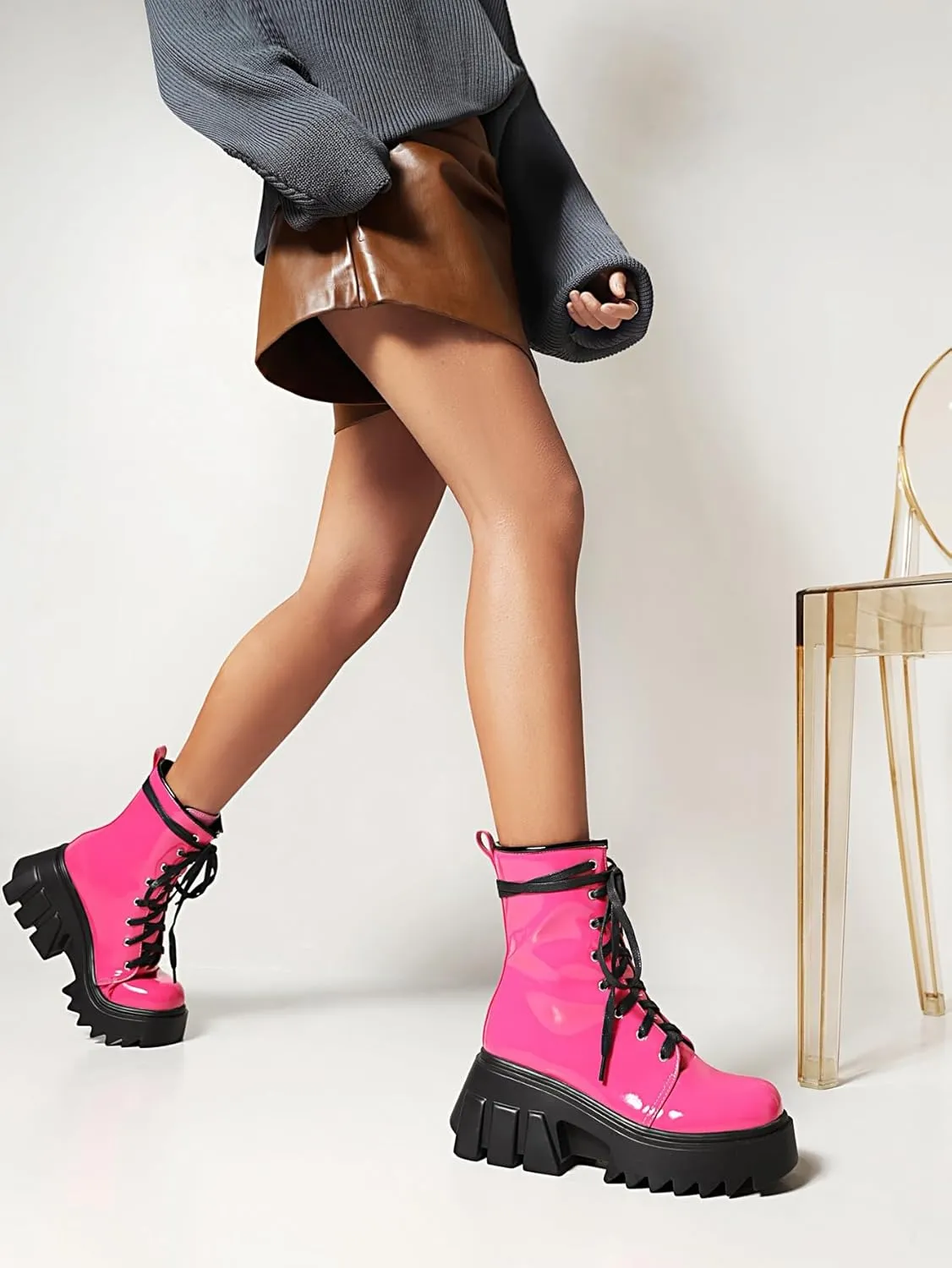 Women's Platform Combat Booties Lace Up Motorcycle Boots Chunky Block High Heel Ankle Boots Punk Goth Lug Sole Boots Round Toe Shoes