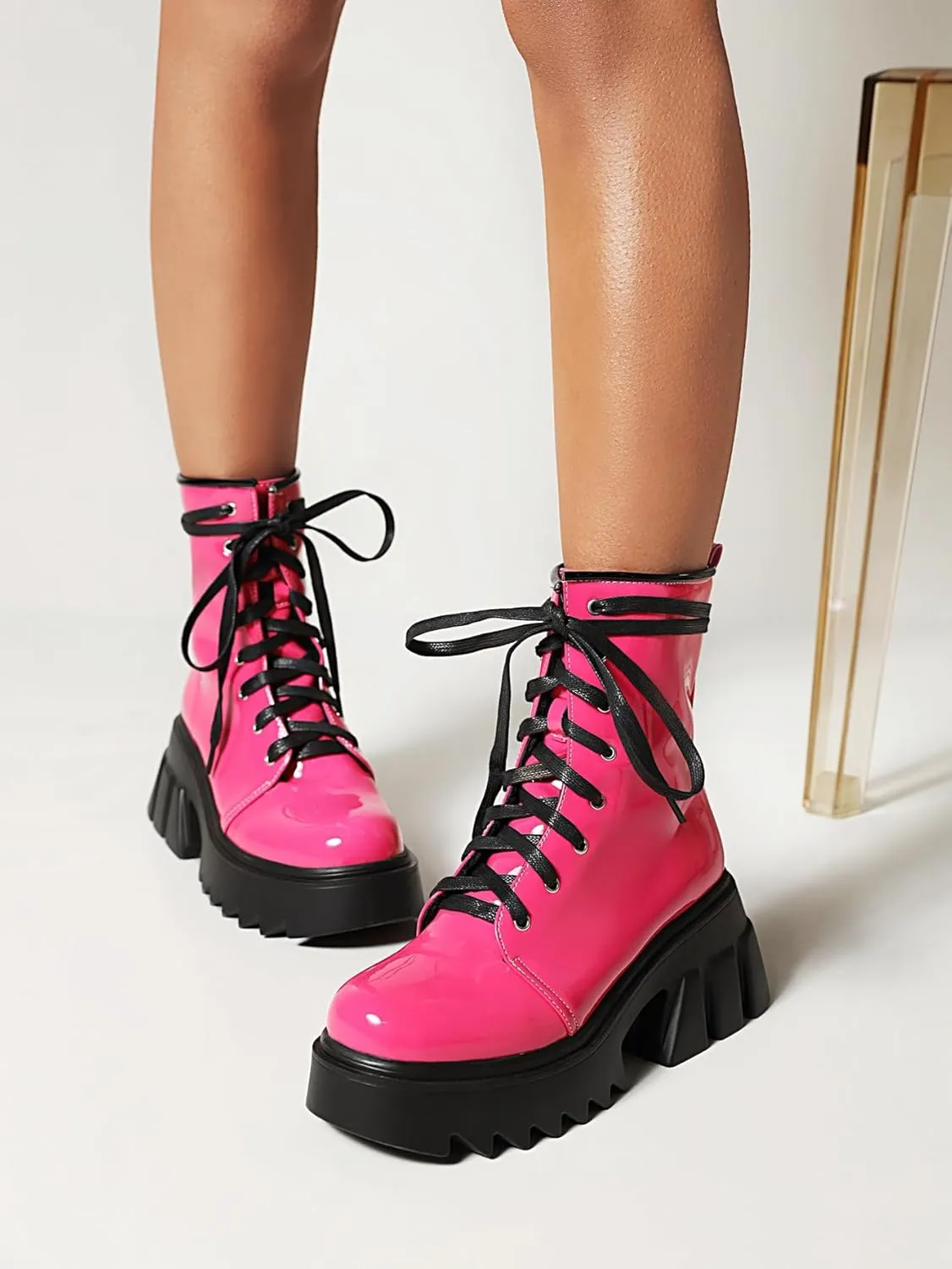 Women's Platform Combat Booties Lace Up Motorcycle Boots Chunky Block High Heel Ankle Boots Punk Goth Lug Sole Boots Round Toe Shoes