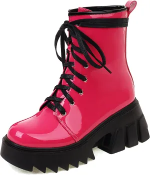 Women's Platform Combat Booties Lace Up Motorcycle Boots Chunky Block High Heel Ankle Boots Punk Goth Lug Sole Boots Round Toe Shoes