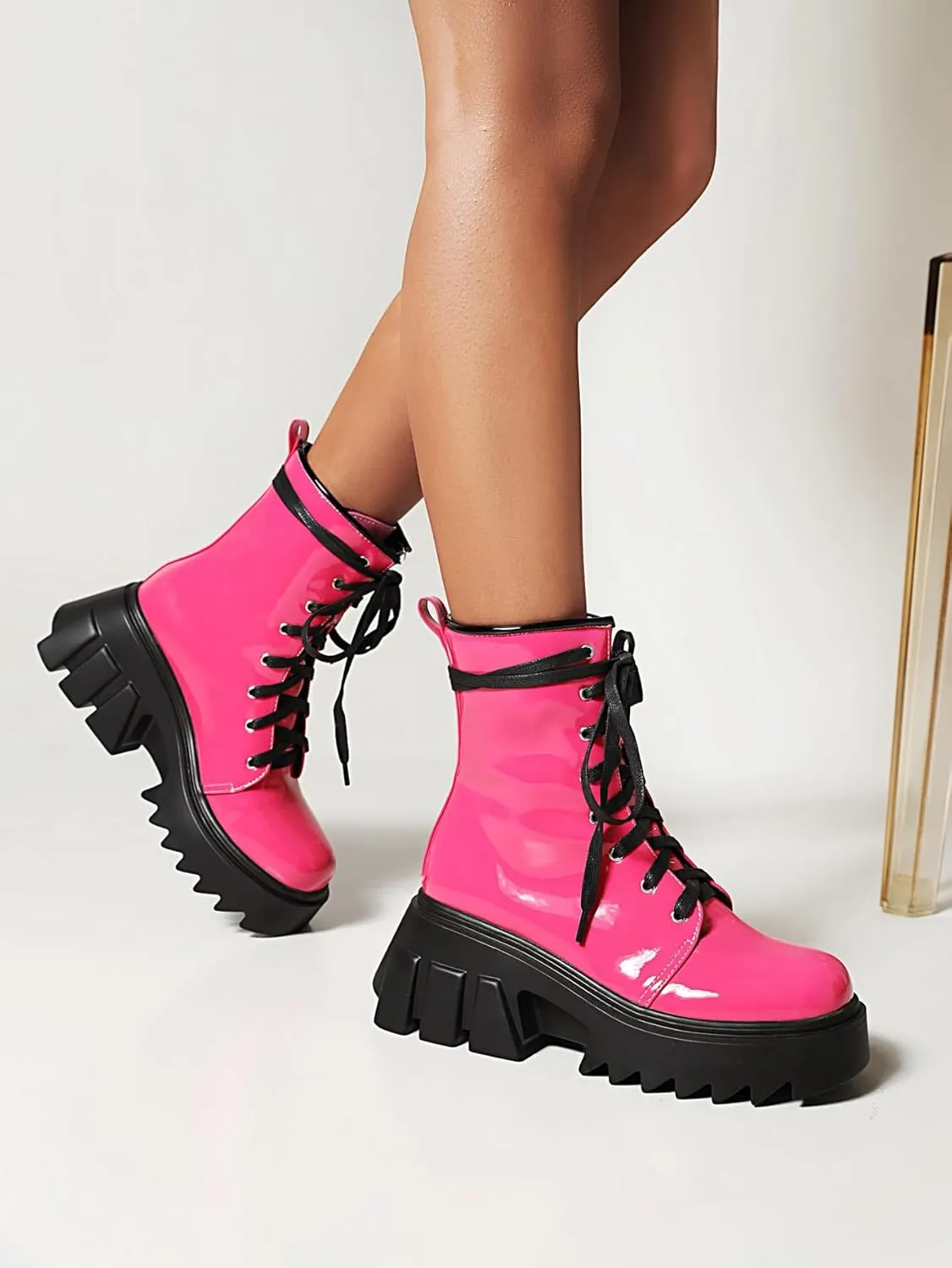 Women's Platform Combat Booties Lace Up Motorcycle Boots Chunky Block High Heel Ankle Boots Punk Goth Lug Sole Boots Round Toe Shoes
