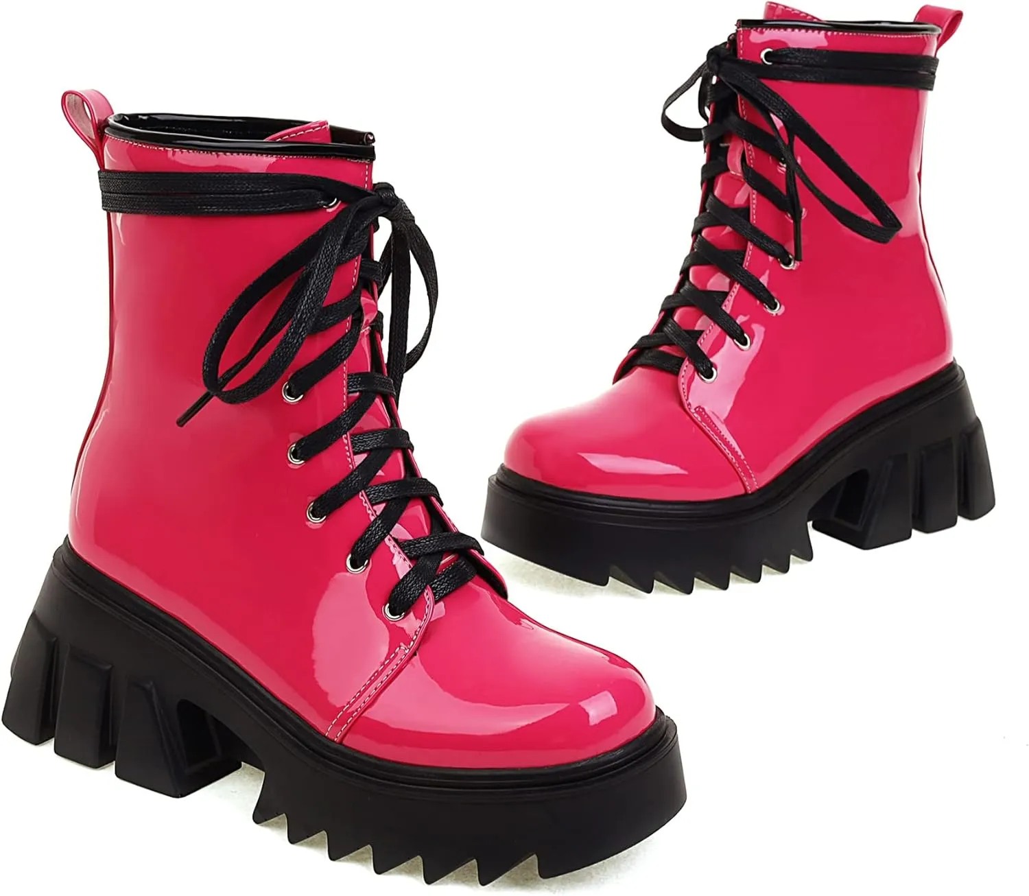 Women's Platform Combat Booties Lace Up Motorcycle Boots Chunky Block High Heel Ankle Boots Punk Goth Lug Sole Boots Round Toe Shoes