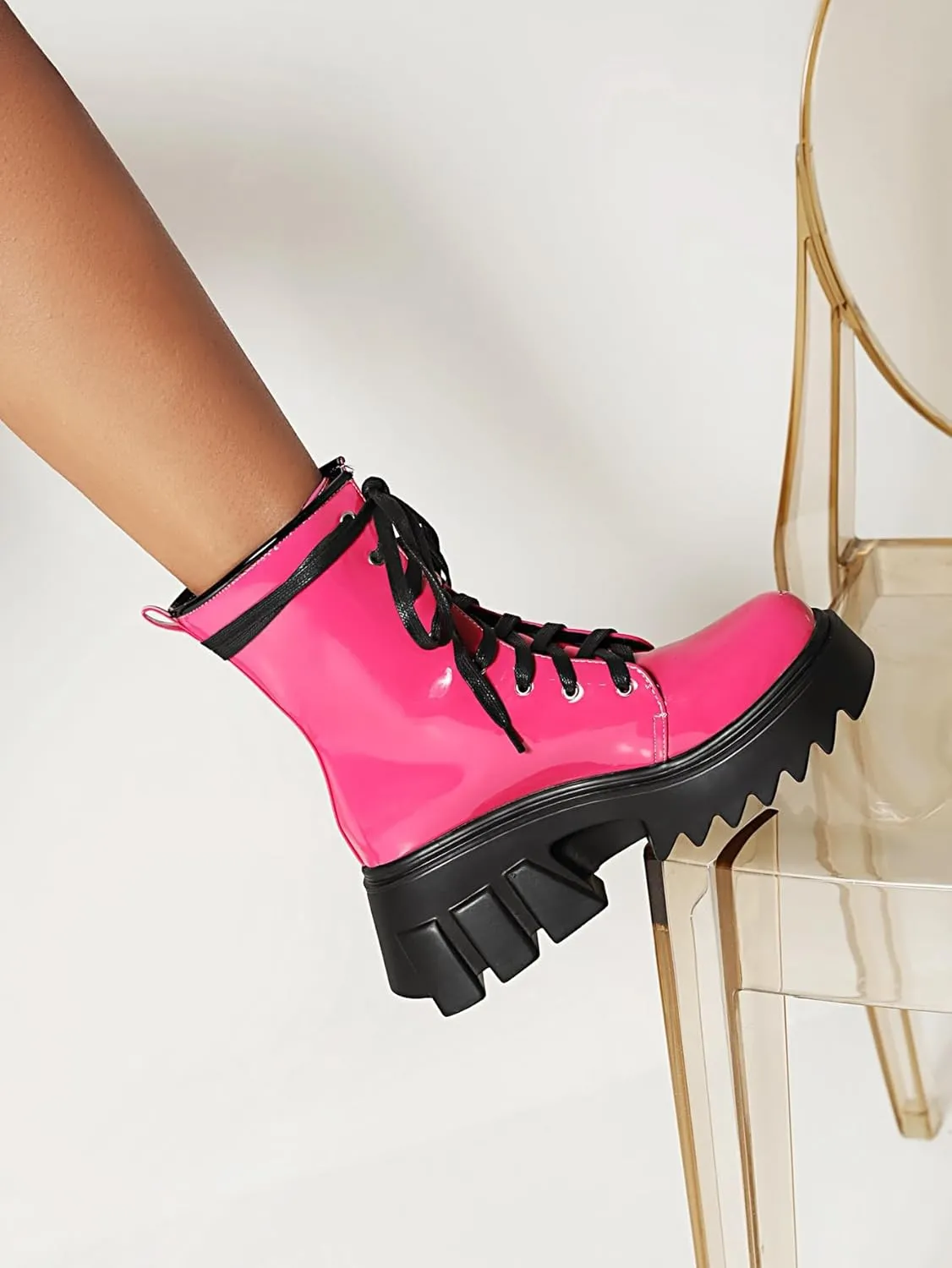 Women's Platform Combat Booties Lace Up Motorcycle Boots Chunky Block High Heel Ankle Boots Punk Goth Lug Sole Boots Round Toe Shoes